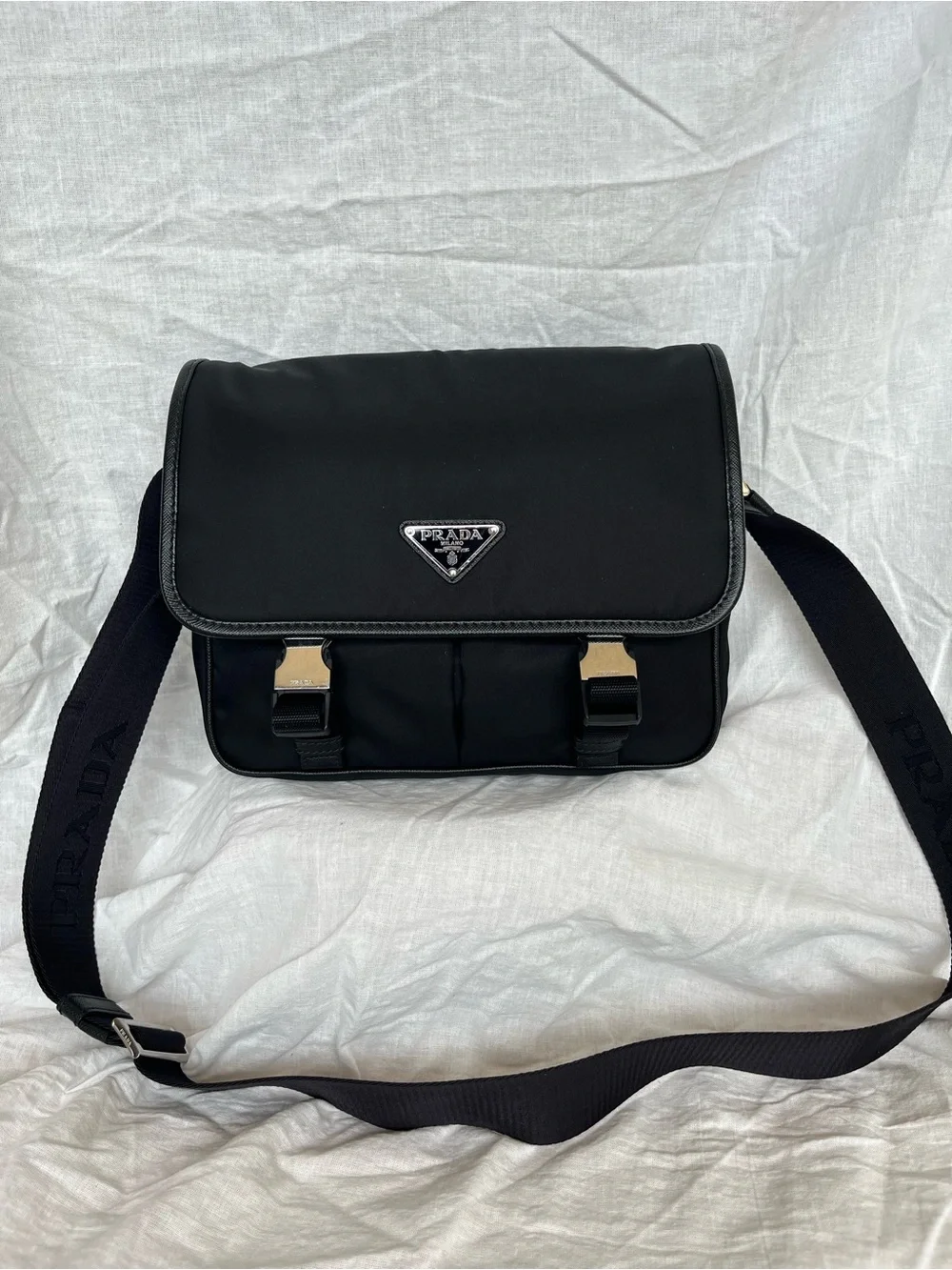 Prada Black Nylon Messenger Bag with Front Buckles